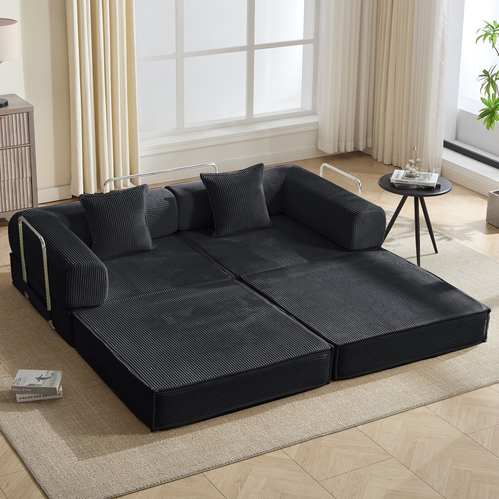 Convertible Sleeper Sofa Bed Modular Corduroy Couch With Pillows_voghion.com